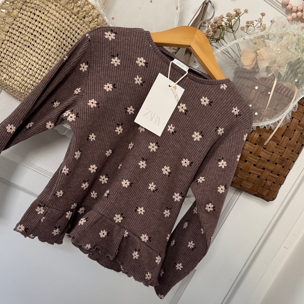 ZARA Ribbed Floral Peplum Long Sleeve Top
